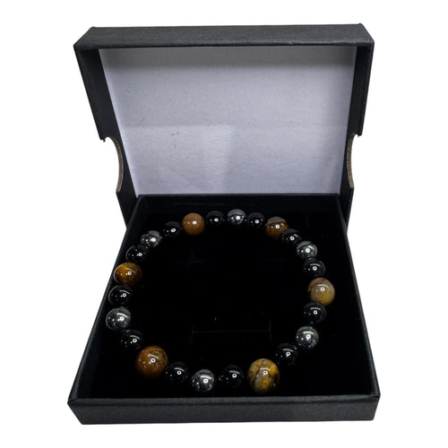 Men's triple protection bracelet with hematite obsidian and tiger's eye beads